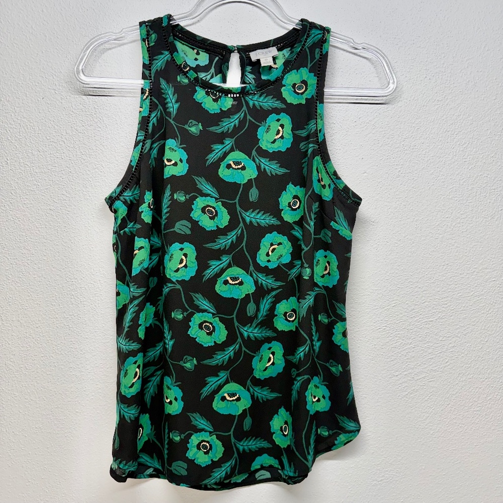 J.Crew Semi-Sheer Sleeveless Black Teal Floral Cami Tank Size 0‎